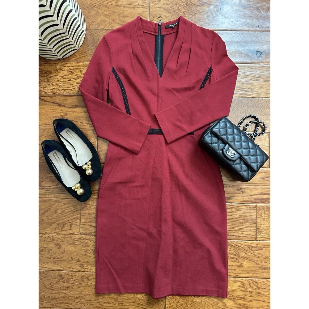 KOBI HALPERIN Burgundy Ponte Sheath Dress 6 Black Lace Trim Exposed Zipper